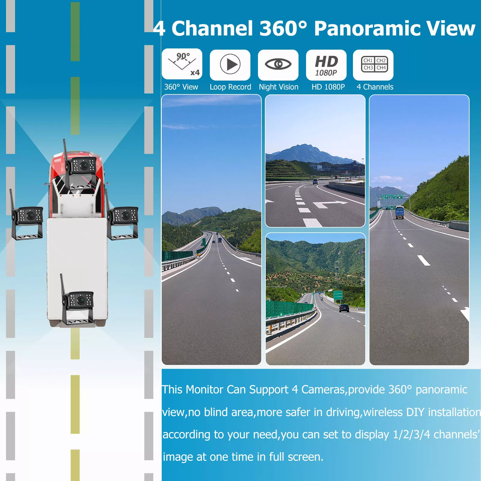 Wireless RV 4x 1080P Rear Side View Camera + 7" Monitor DVR Kit Truck Trailer