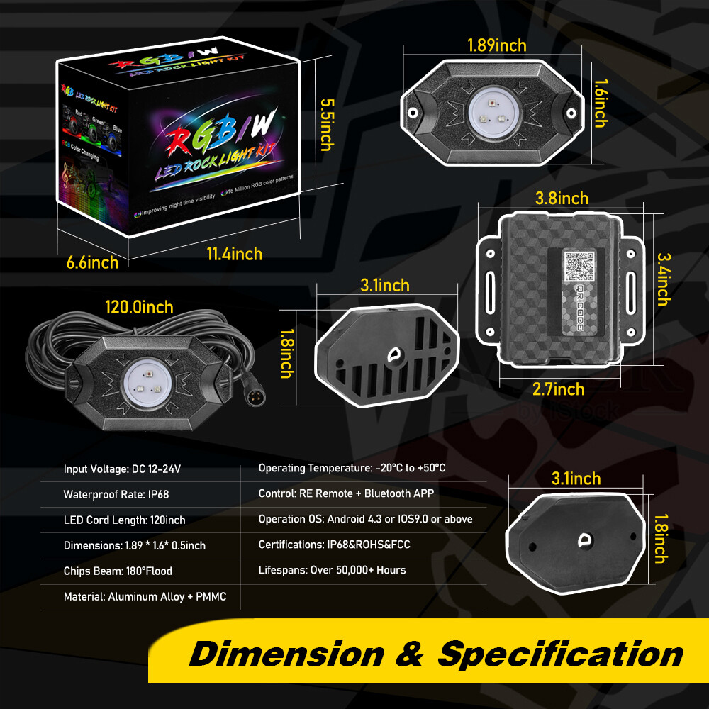 RGB LED Rock Lights 8-Pods Wireless Bluetooth Music Multi Color ATV UTV 4WD RZR
