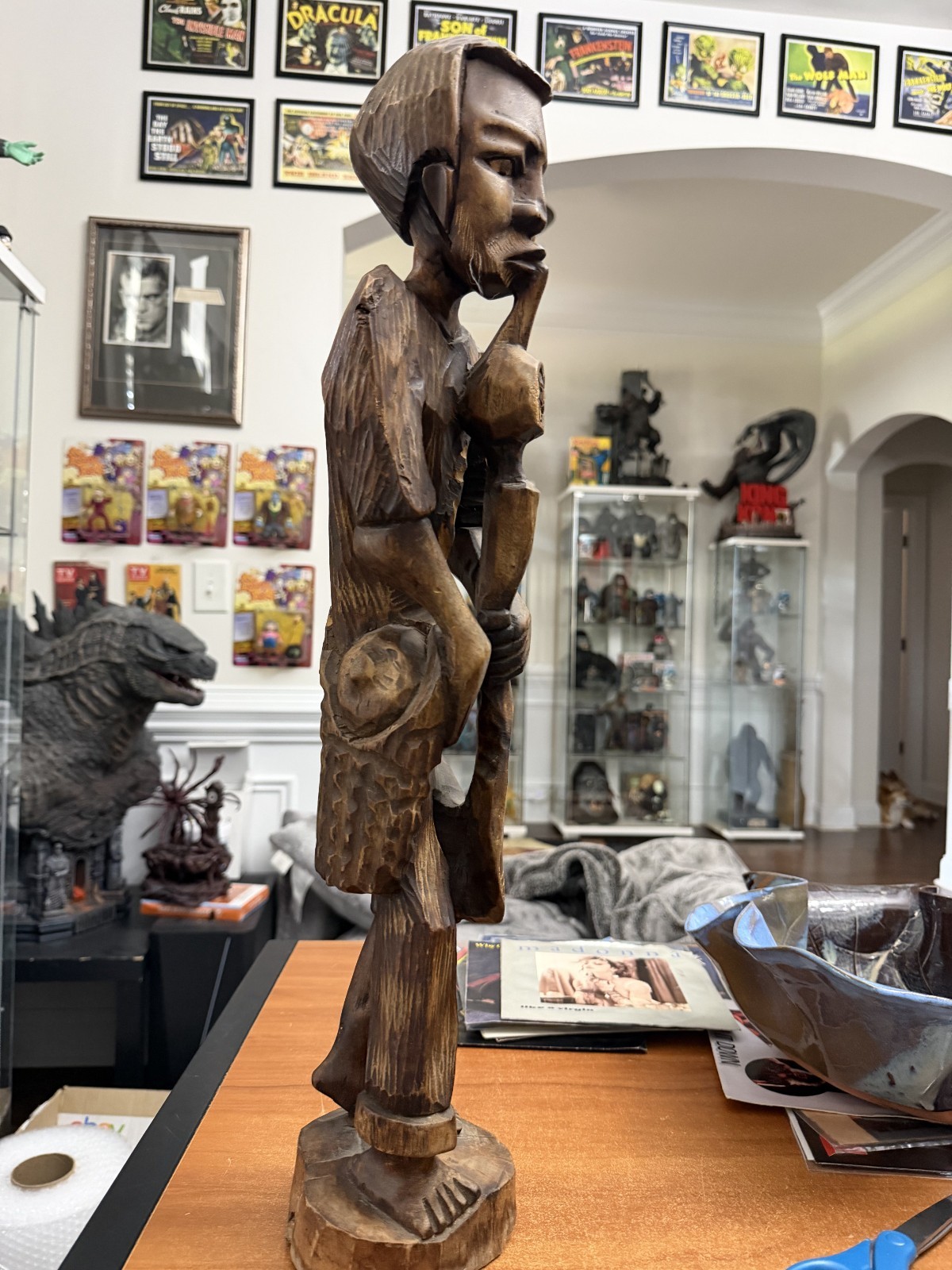 African Wood carved art Tribal 23 inch Man Smoking pipe healer