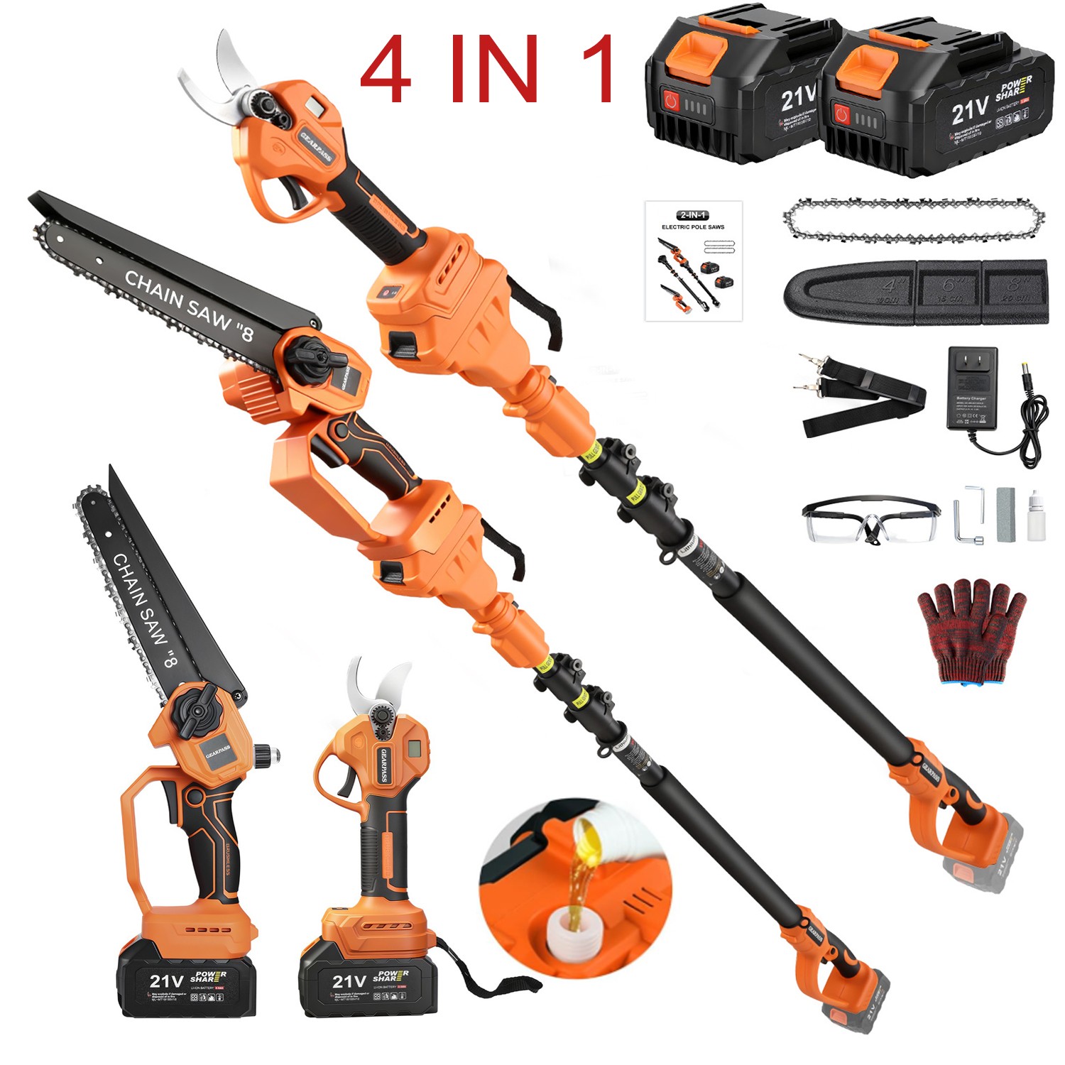 4-in-1 Cordless Pole Saw & Pruning Shears Combo Kit 16FT Reach 8" Chainsaw