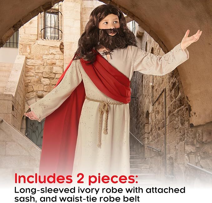 Kids Jesus Costume Boys Christ Robe + Sash Religious Biblical Nativity Play