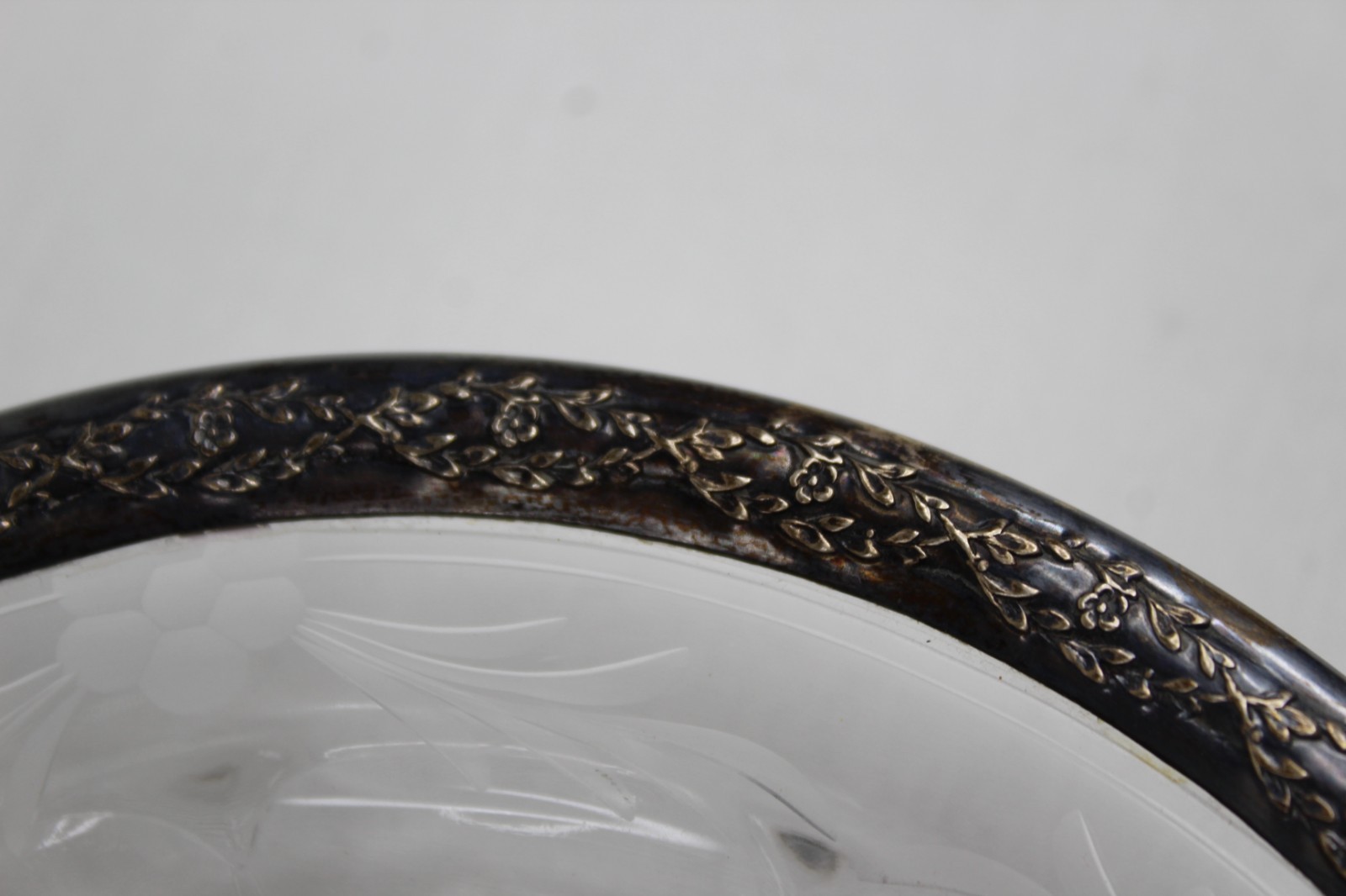 VTG Cut Glass with Sterling Silver Rim Bowl Berry and Leaves Pattern 6 1/2 inch