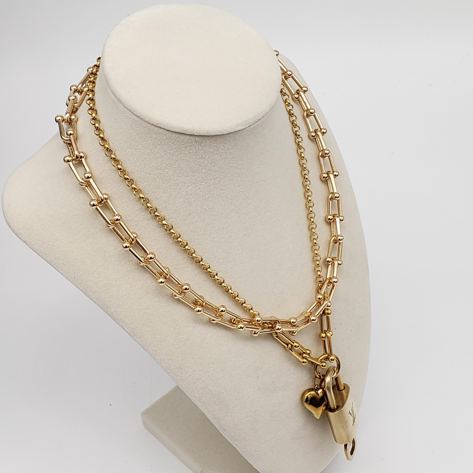 Authentic Louis Vuitton Gold Padlock w/ Unbranded Fashion Stainless Steel Chain