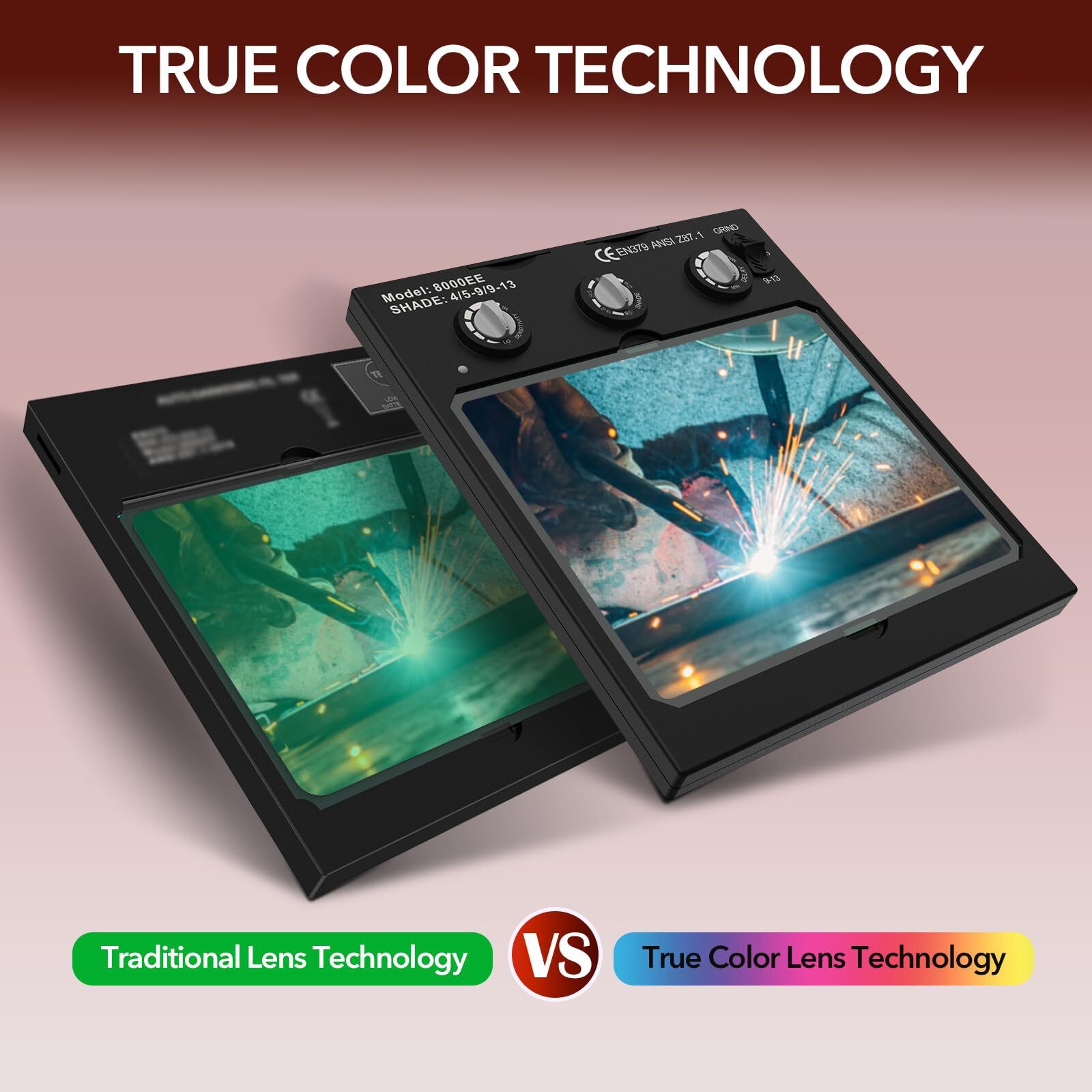 Auto Darkening Welding Helmet, True Color Large View, 4 Arc Sensor, LED Light