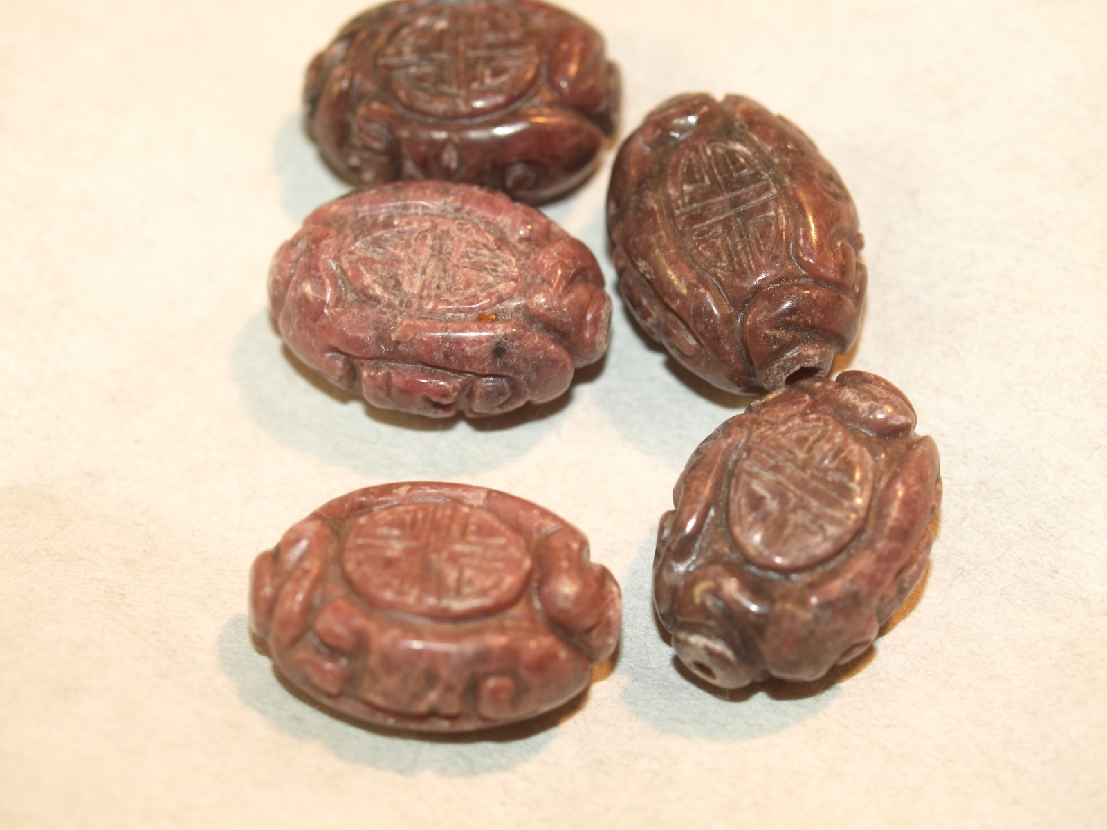 Vintage Carved Chinese Bead Rhodonite Shou Design 25mm x 18mm x 10mm Flat Oval