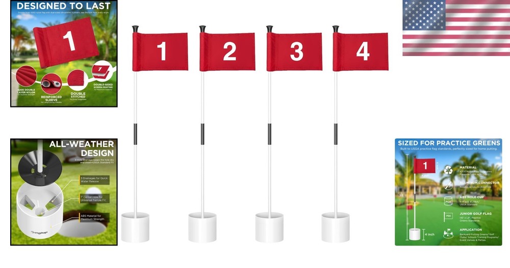 Professional Mini Golf Flagstick Set: Double-Sided Flags with Hole Cup, 4-Pack
