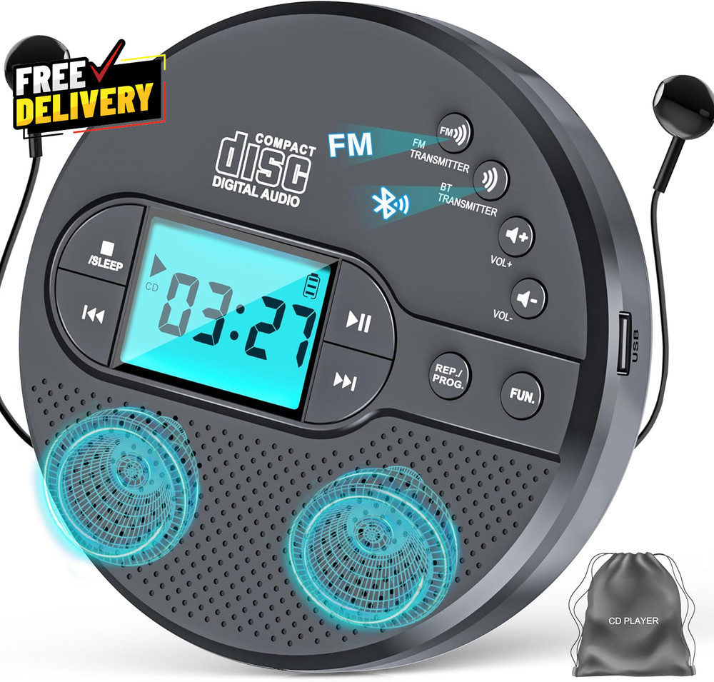 Portable CD Player Bluetooth Rechargeable Discman FM Speaker USB…