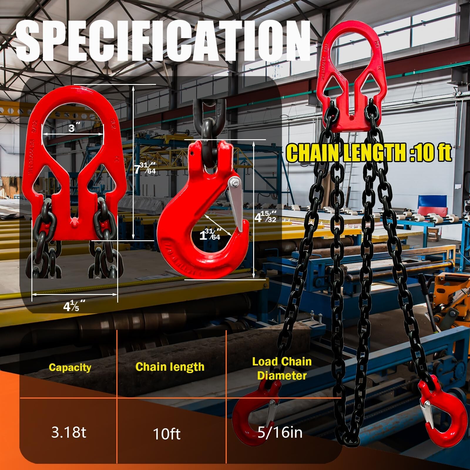 Adjustable Chain Sling 10FT 5/16”, 3.18 Ton G80 Alloy Steel Double Leg Slings