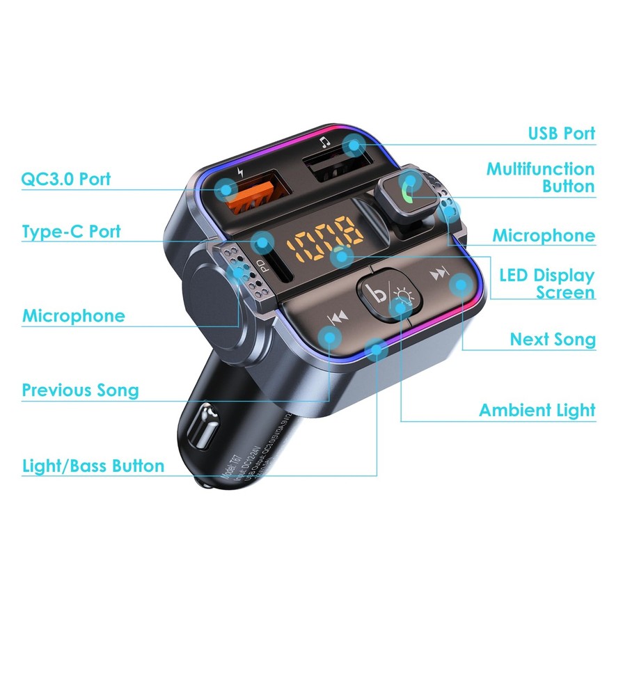 Bluetooth 5.3 FM Transmitter for Car, Dual Micphone Hands-Free small, Black