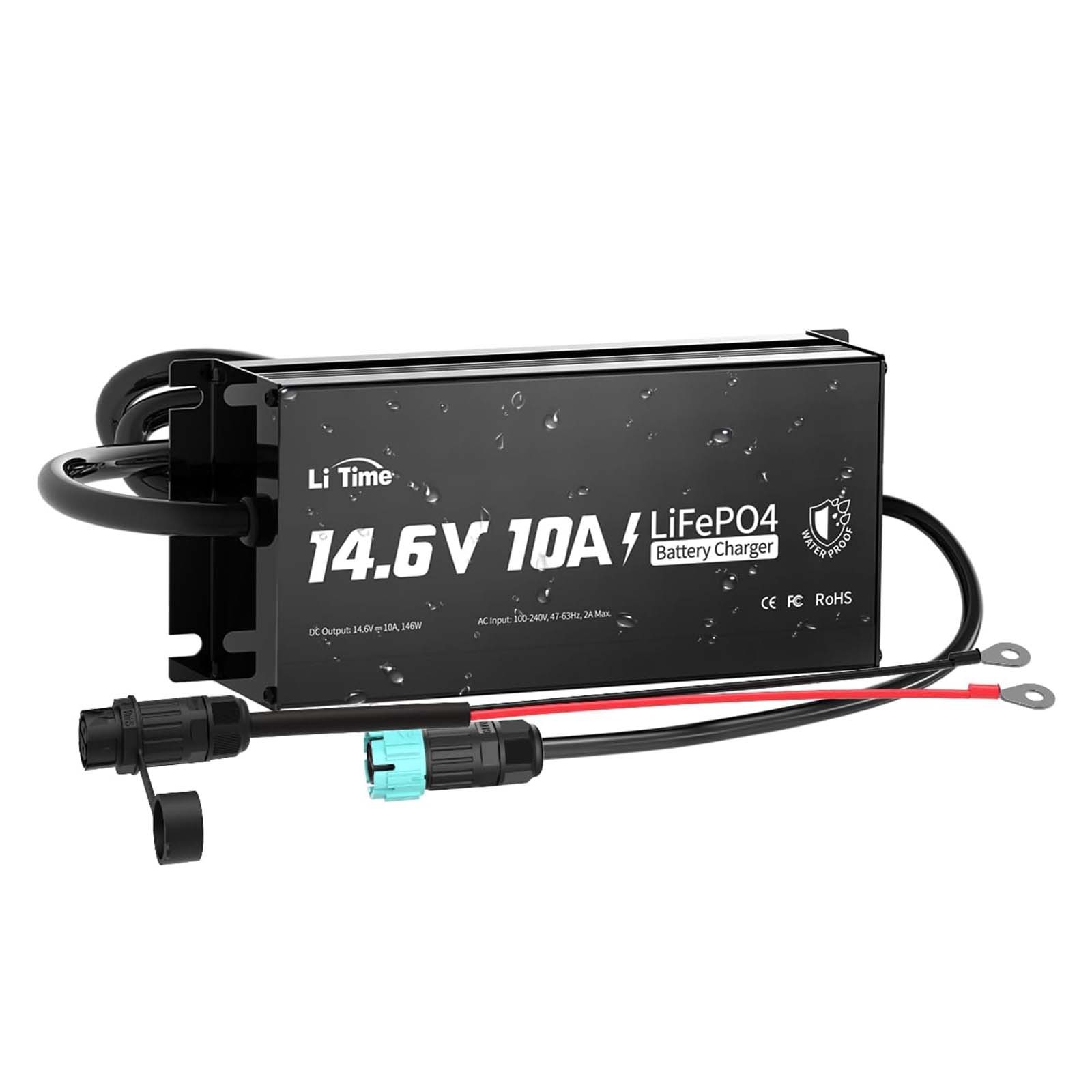 LiTime IP67 Waterproof 14.6V 10A LiFePO4 Onboard Charger for Outdoor Marine Use