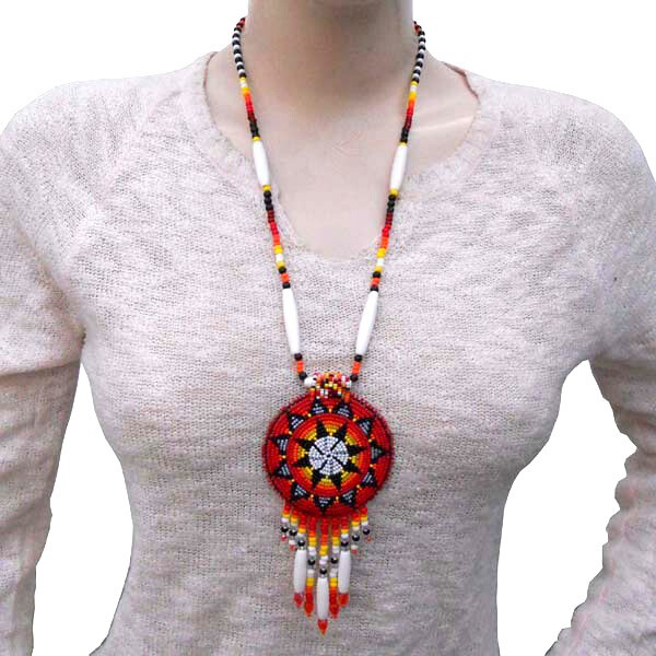 HANDCRAFTED ETHNIC ARTISAN RED MEDALLION CHUNKY BEADED NECKLACE EARRINGS SET