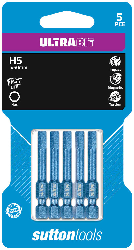 5 x SUTTON IMPACT ULTRABIT HEX HEAD 5mm x 50mm INSERT BITS - GERMAN MADE