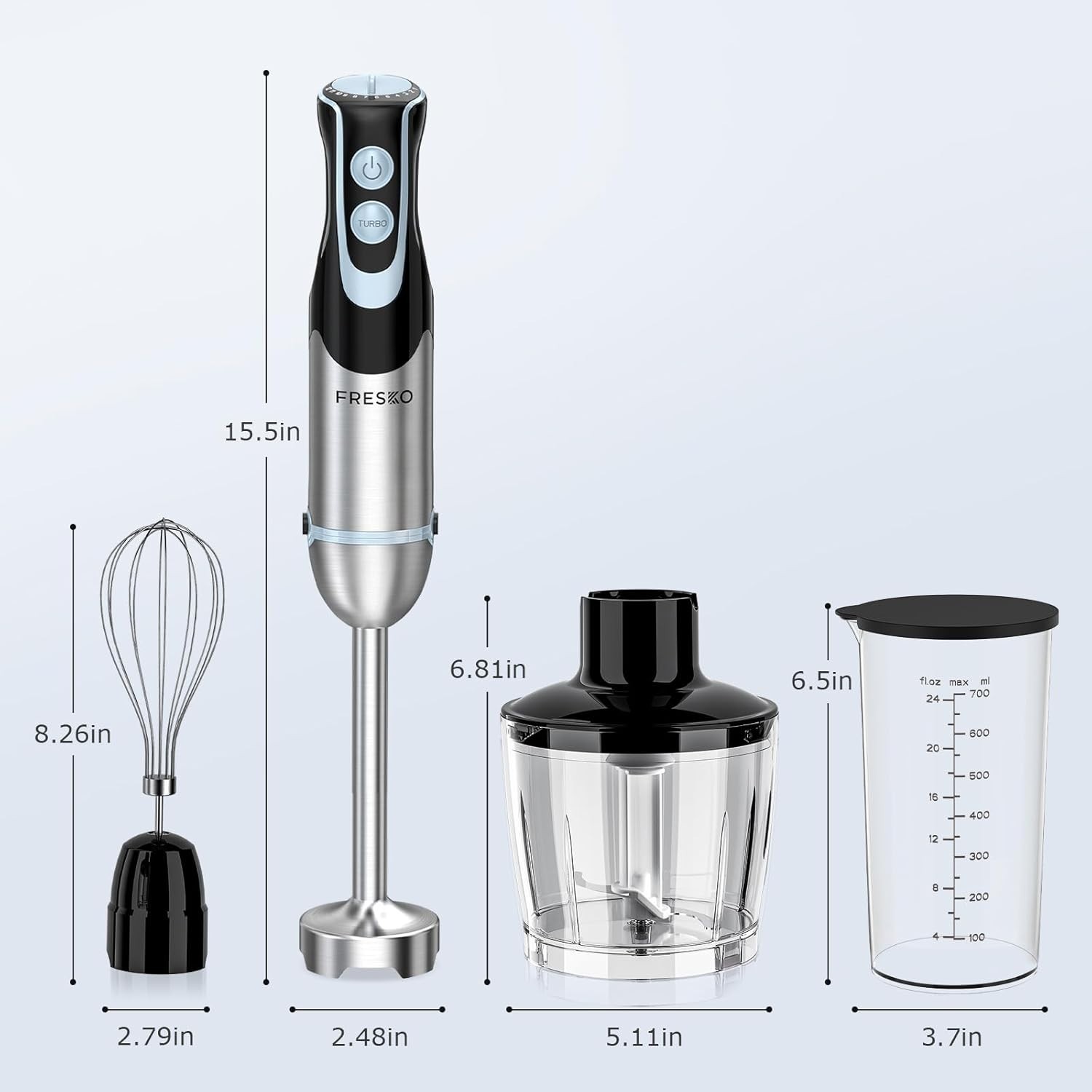 500W 4-in-1 Stainless Steel Immersion Blender with 12 Speeds & Turbo Function