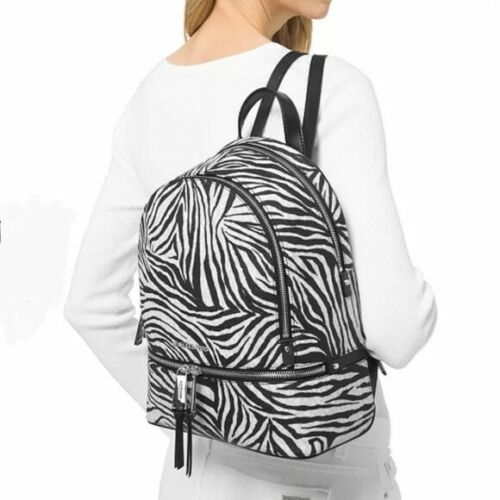 NWT Michael Kors Rhea Zip Medium Zebra Backpack $328 Black/White