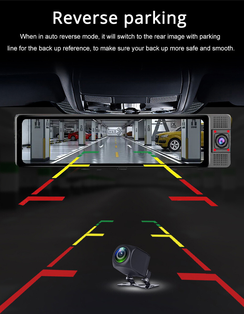 3 Channel 12"Car Rearview Mirror Dash Cam 4G Android 13 GPS Navi Camera Recorder