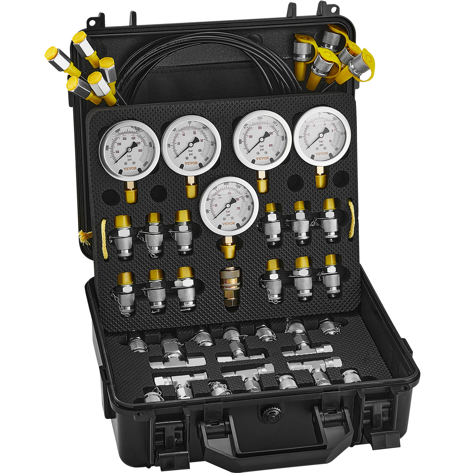 Hydraulic Pressure Test Kit 5 Gauges 13 Couplings 14 Tee Connectors 5 Hose