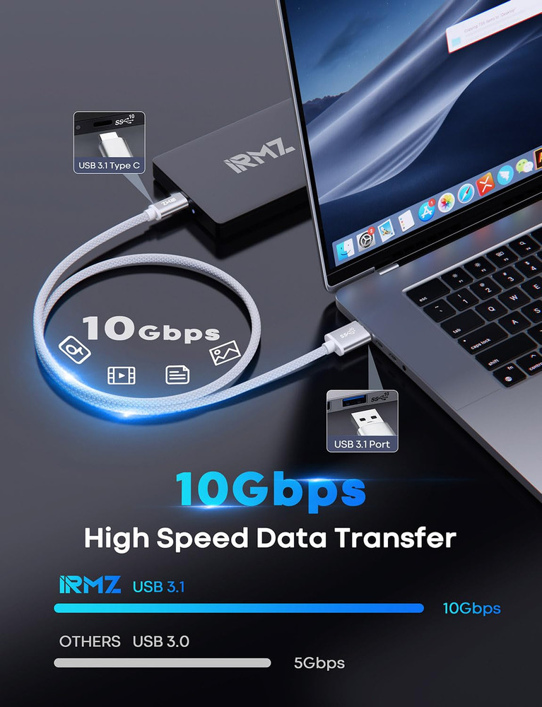 White USB C Data Cable, 3ft USB 3.0 to USB C Cable 10Gbps High Speed Data Transf