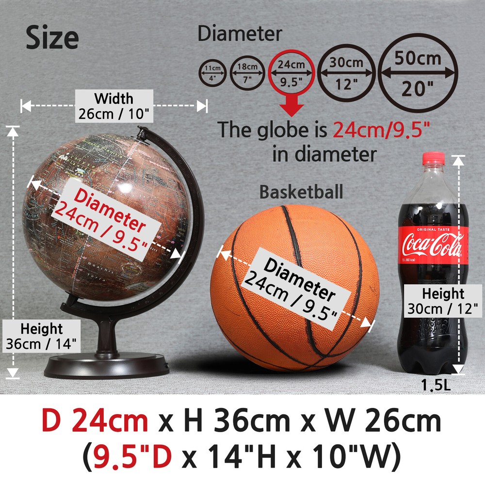 Mapsoft Explorer Mars Globe, 24cm/9.5", R-24, Red Planet, Mars Map, Marte Map