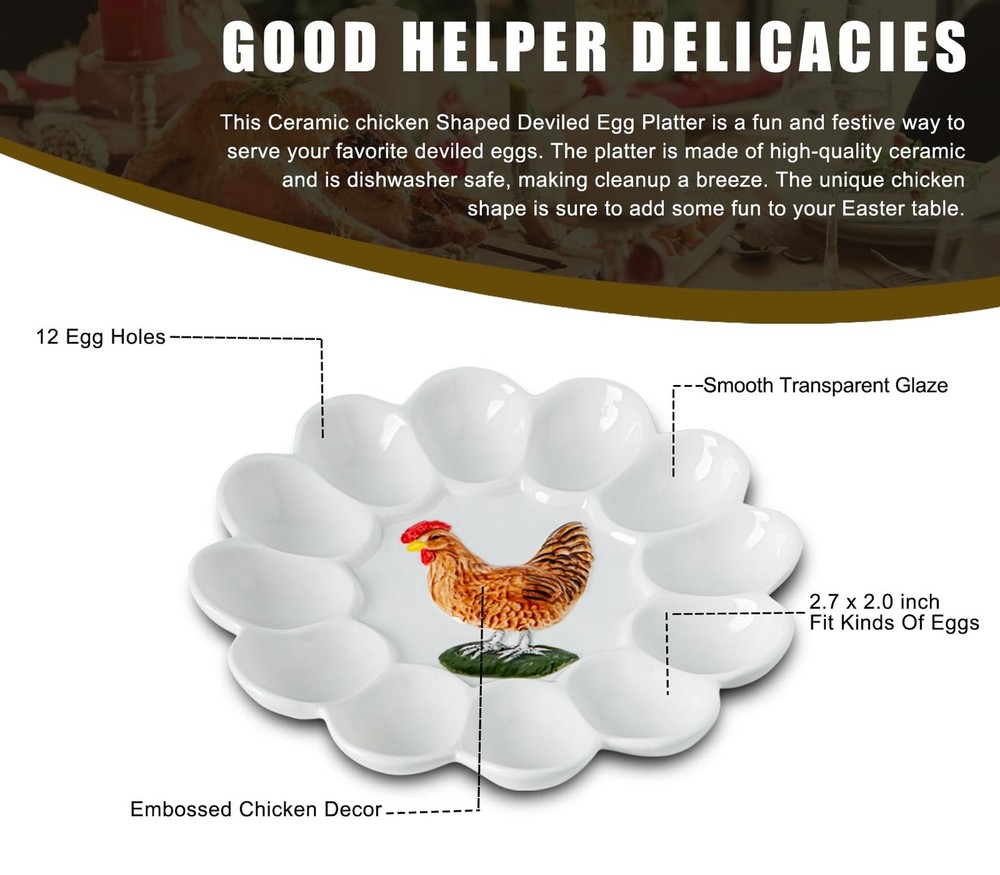 dgudgu Ceramic Deviled Egg Platter White Deviled Egg Tray With Chicken Patter...