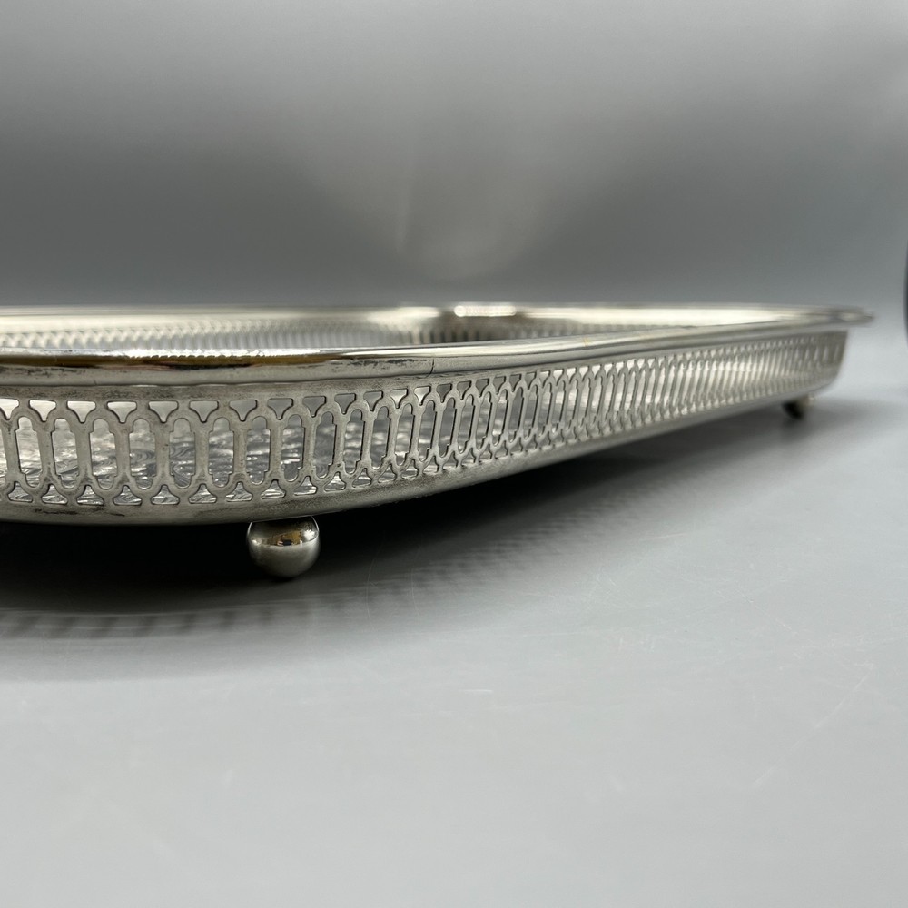 Large Vintage Silver Plated Rectangular Gallery Tray Footed Long Cocktail Drinks