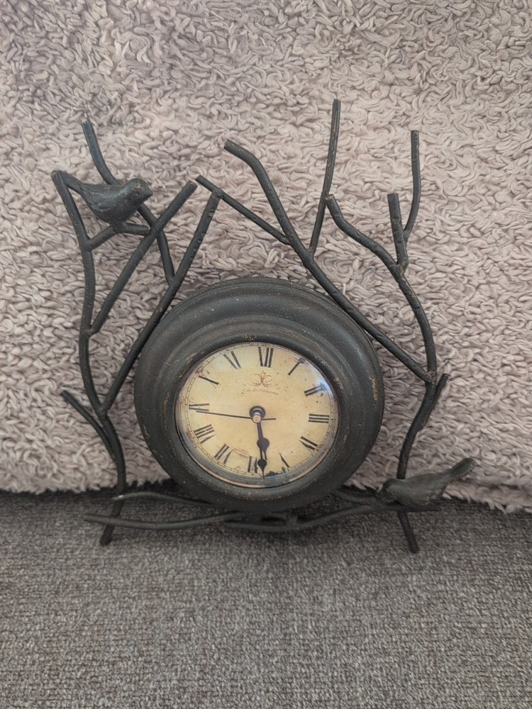 TABLE CLOCK Brown Rustic Cast Iron Vines with Birds Distressed Tested Works