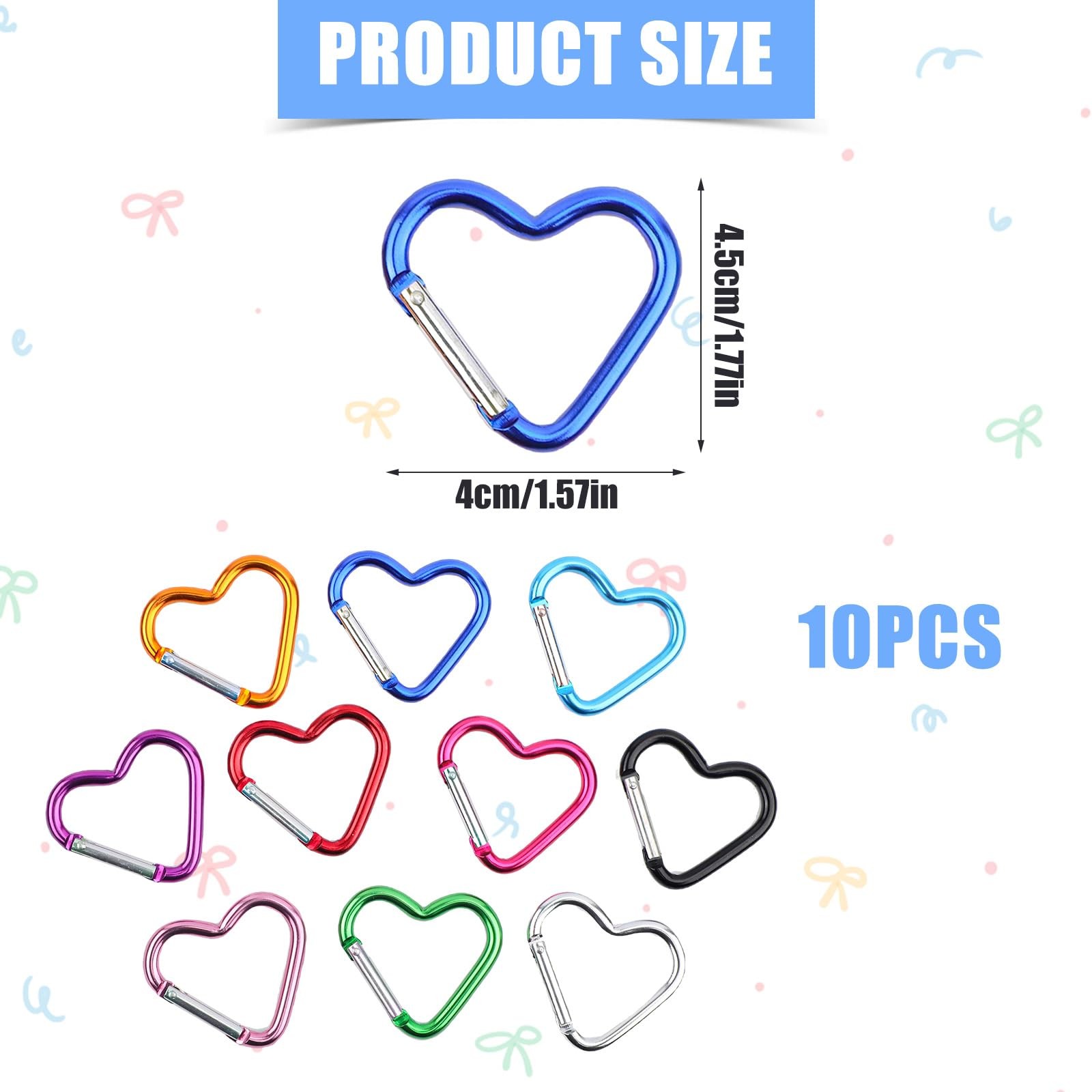 10pcs Heart Shaped Carabiner, Aluminium Alloy Cute Carabiner Clip Snap Hook K...