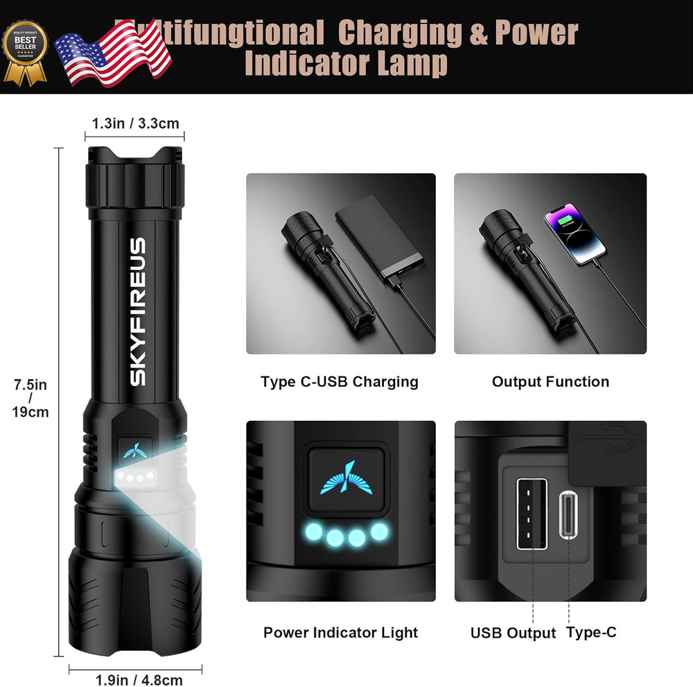 SKYFIRE Rechargeable Flashlight High Lumens, LED Flashlight with Ignition Len US