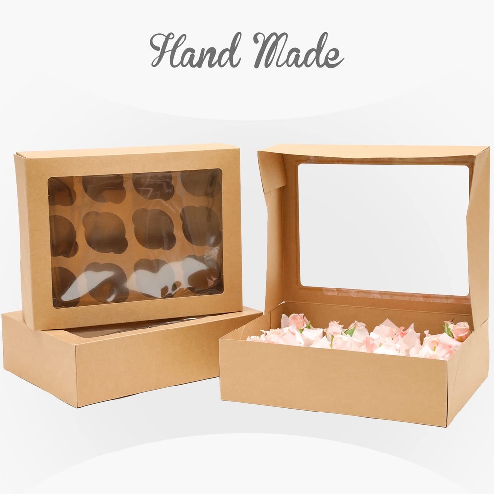 Cupcake Boxes 40 PCS Auto-pop Up Window 12 Count Container Ribbons Brown