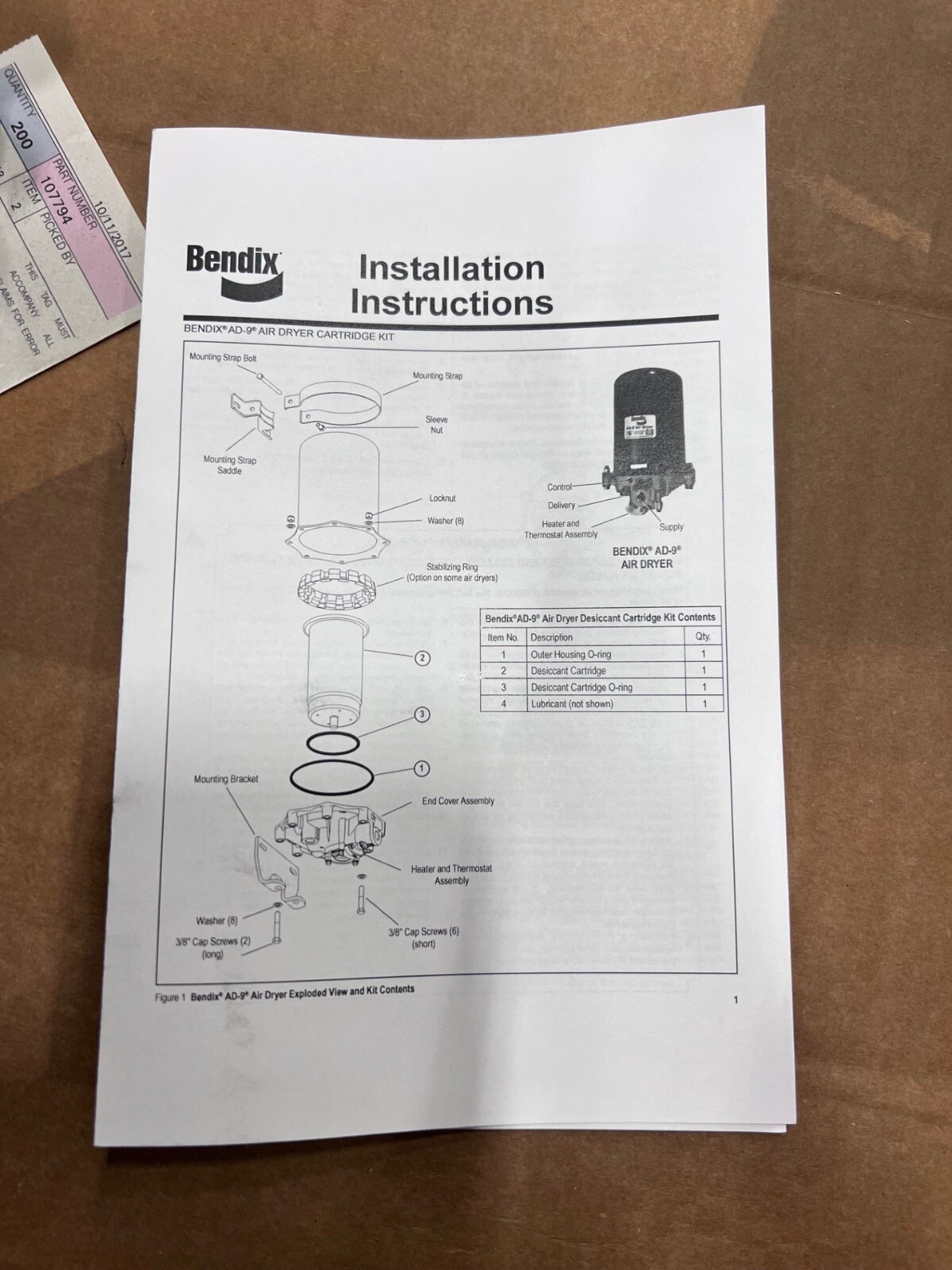 107794x ad-9 Bendix Cartridge Kit Reman New in Box