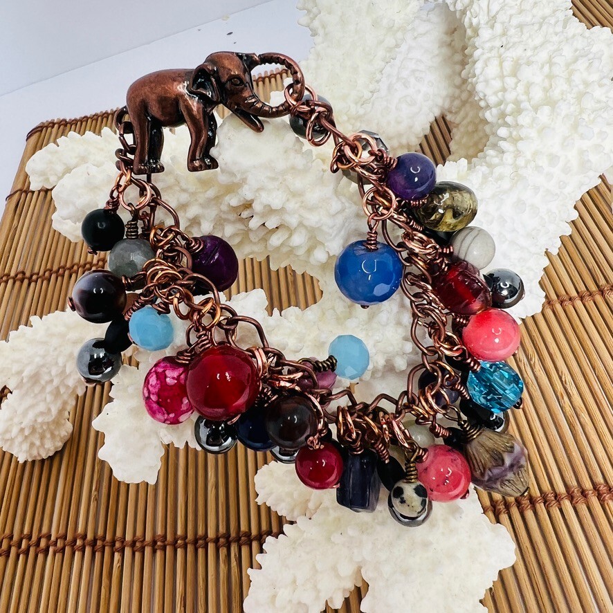 Gemstone Bead Copper Tone Elephant Closure Dangle Bracelet Boho MultiColor
