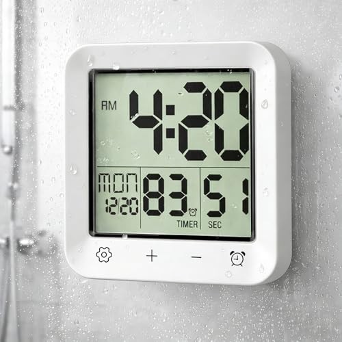Shower Clock Waterproof, Bathroom Digital Clock with Timer, LCD 5.5 Inch White