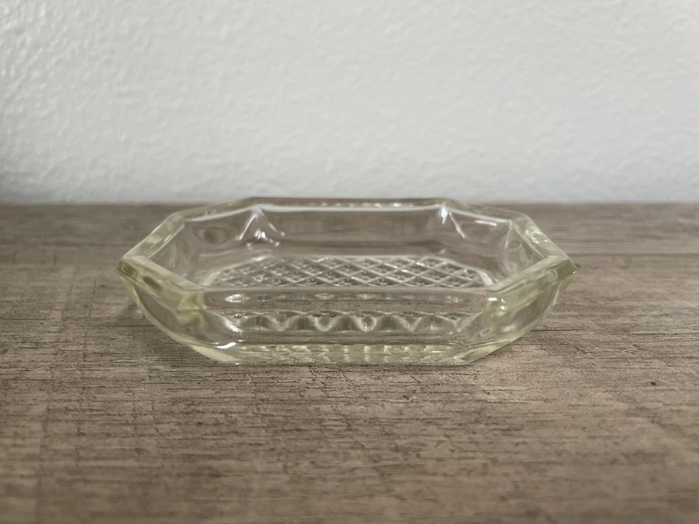 Vintage Glass Salt Cellar Rectangular Diamond Pattern Ring Dish 2.50" x 3.25"