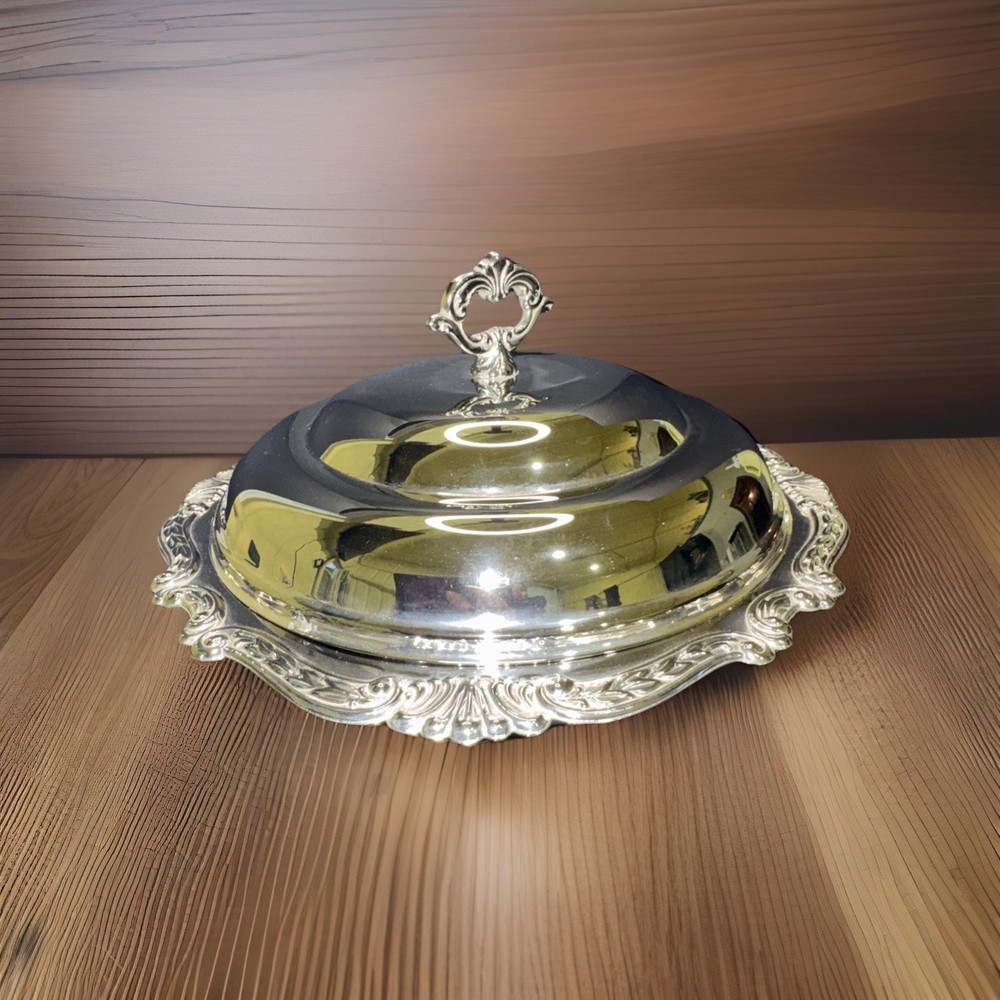 Ornate silver-plated covered vegetable/entrée serving dish (rococo style)