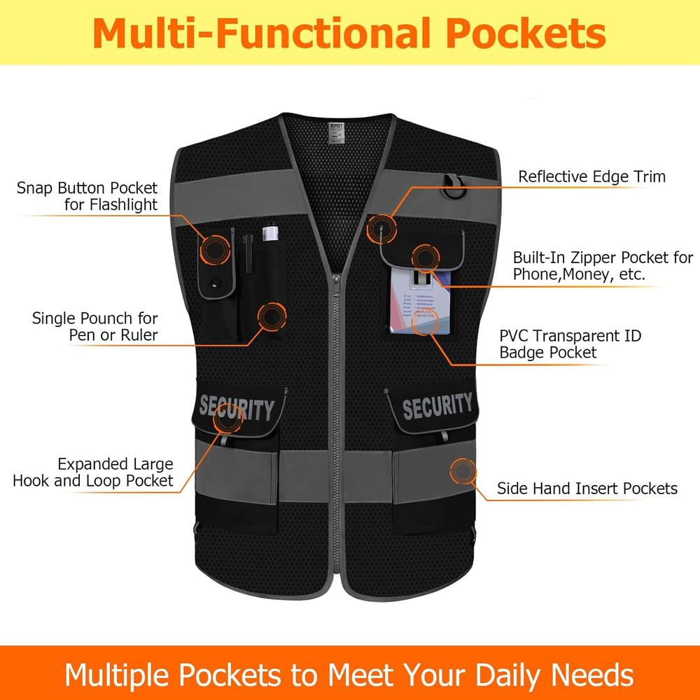 Mesh Security Vest for Security Guard 9Pockets High Visibility Reflective Safety