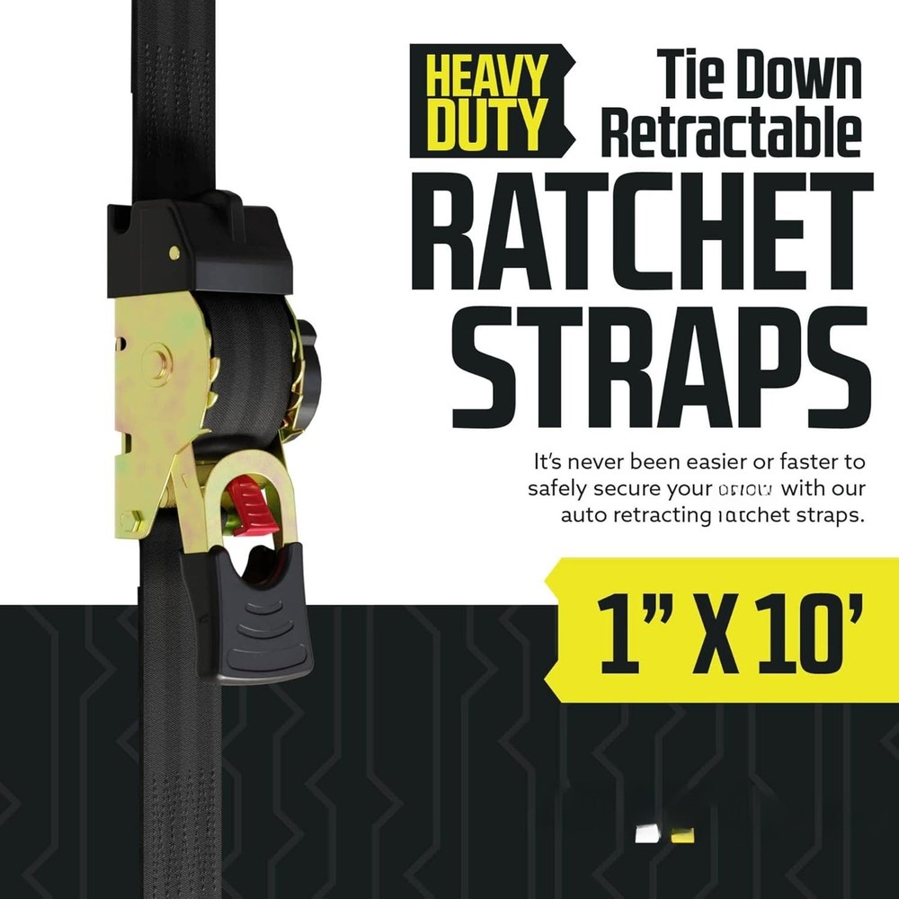 Automatic Retractable Ratchet Strap (2-Pack) 1" x 10', Heavy-Duty Design