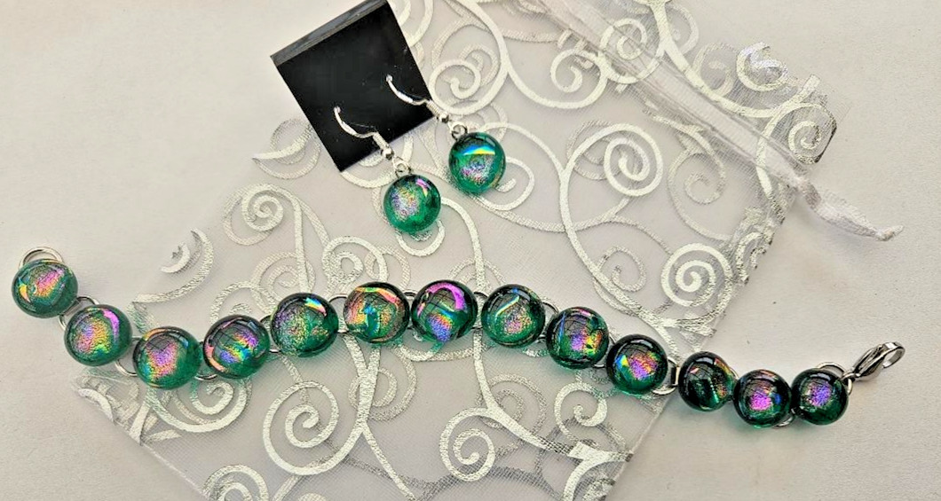 Handcrafted Fused Green Multi Dichroic Glass Cabochon Bracelet/ Bonus Earrings