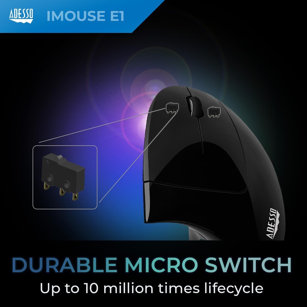 Adesso Wired Vertical Ergonomic Illuminated Optical 6-Button USB Mouse - Right H