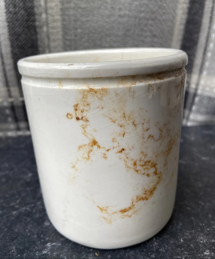 3 Old Ironstone Pots, Stained And Crazed
