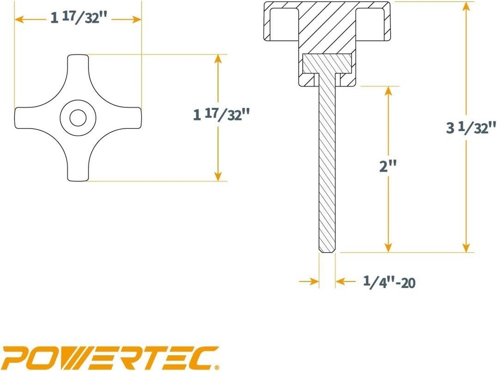 POWERTEC 4-Point Stud Knobs, 1/4"-20 Threaded Thumb Screw Star Knob, 10 PK