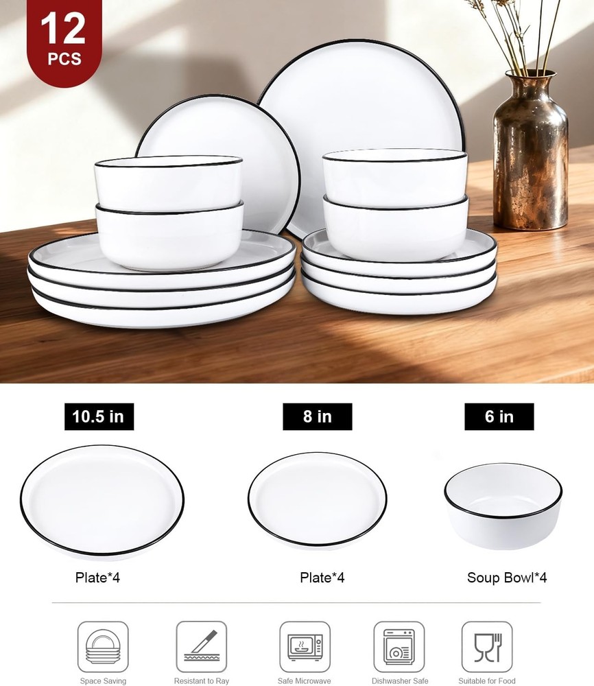 12 Pieces Ceramic Dinnerware set,Plates & Bowls Sets 4,White Dinnerware Set