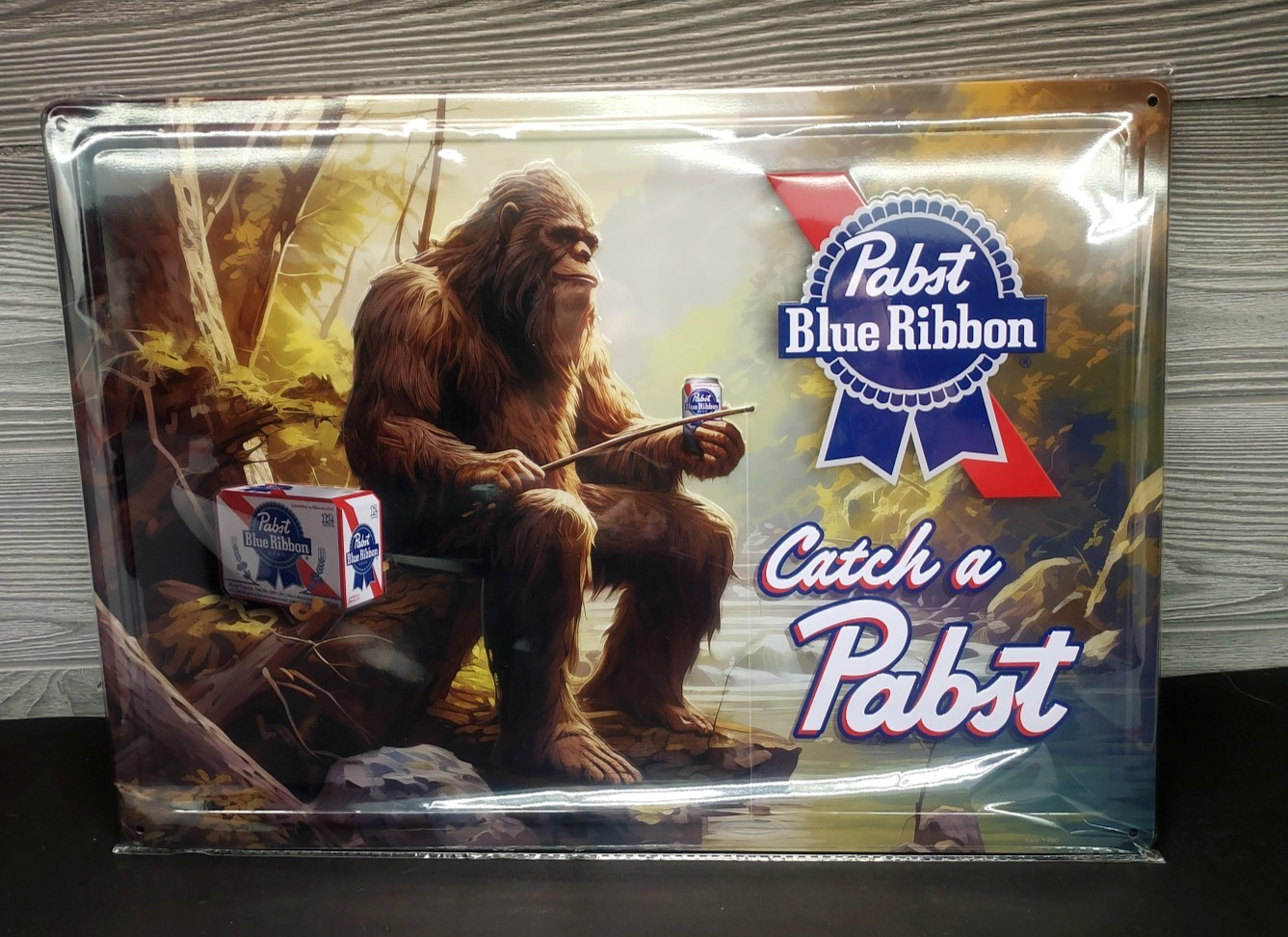 HTF!! Bigfoot Pabst Blue Ribbon Metal Sign 17" X 12" Fishing Man Cave Sign