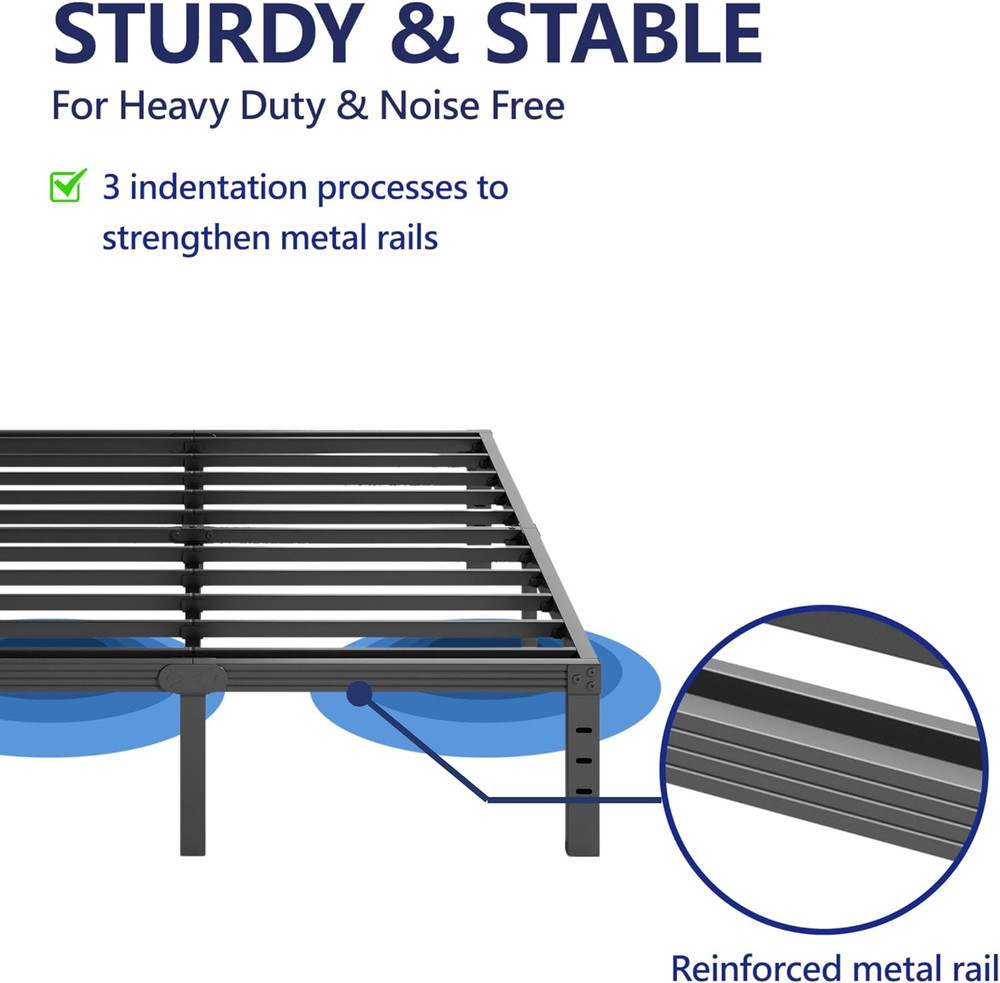 Sturdy 12" Metal Queen Bed Frame - No Box Spring Needed, Easy Assembly, Black