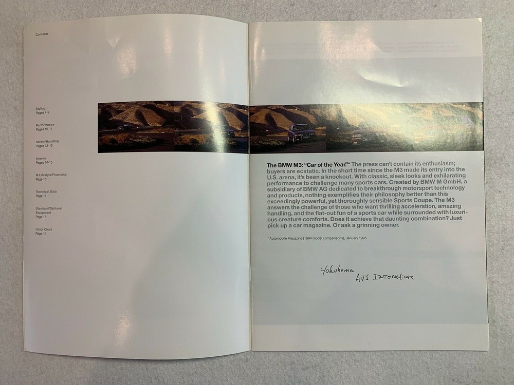 1994 BMW M3 E36 Brochure Sales Catalog US Model
