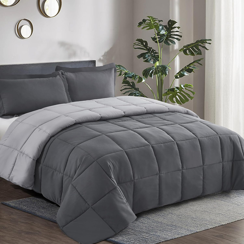 3Pc Grey Queen Size Comforter Set - All Season Reversible down Alternative Comfo