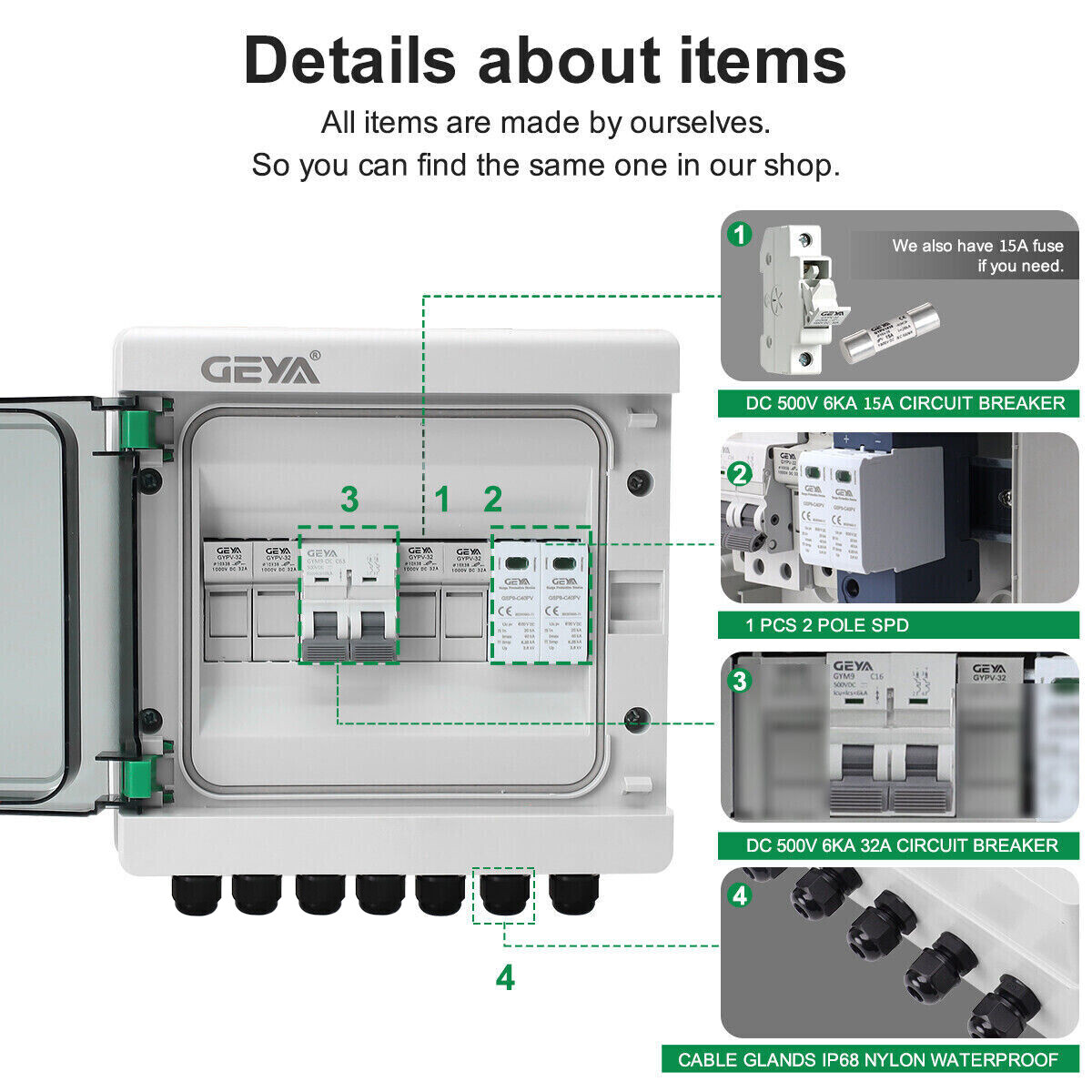 GEYA Solar PV Combiner Box Plastic 15A 2string 500DC Circuit Breaker Solar Panel