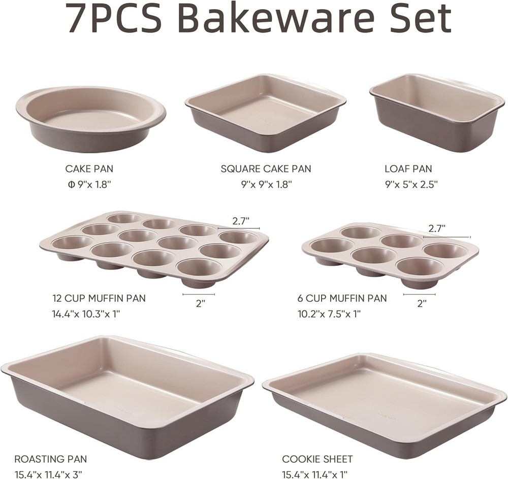 7-Piece Bakeware Sets Nonstick Stackable Baking Pans Set Cookie Sheets Khaki