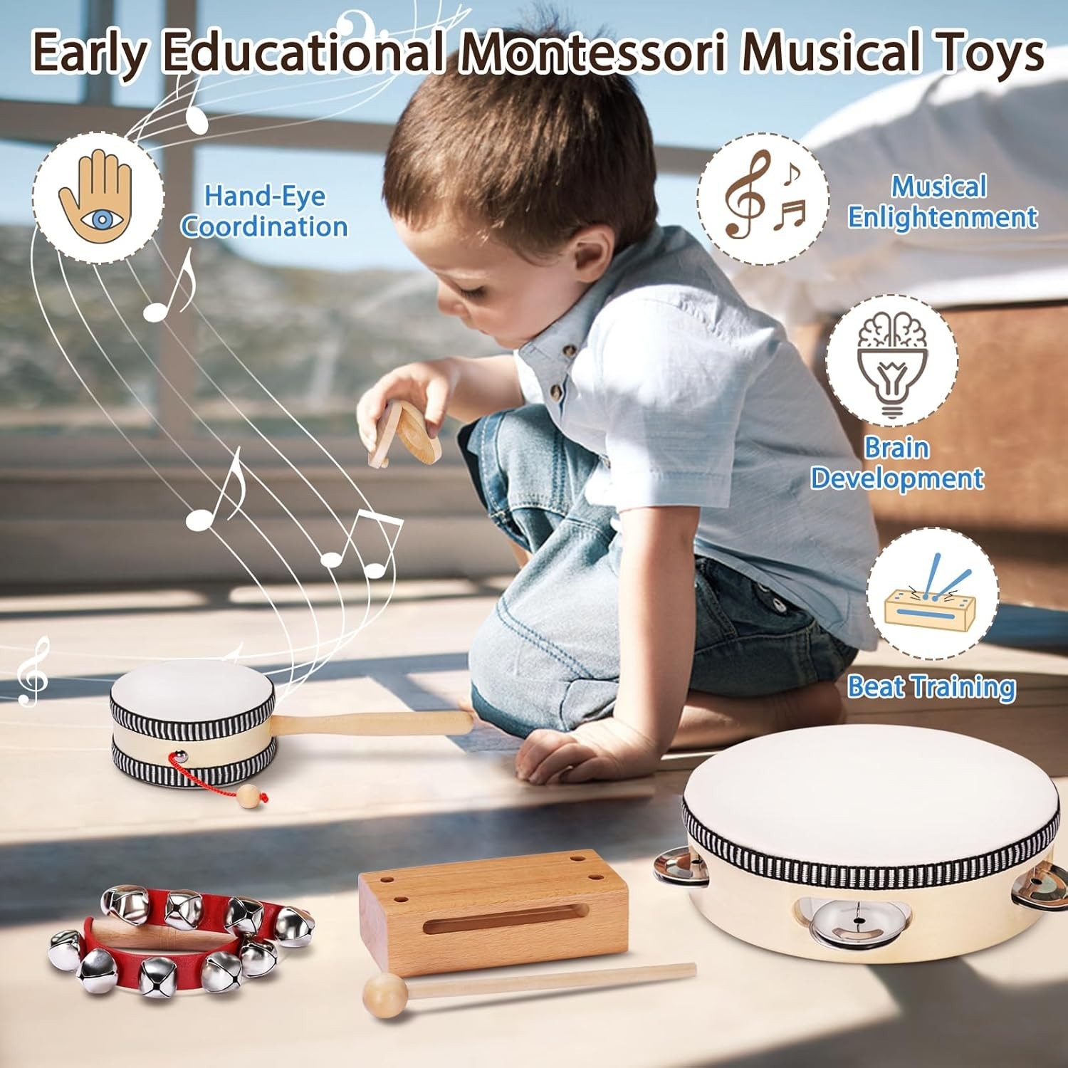 Toddler Musical Instruments Montessori Natural,Wooden Percussion Instruments..
