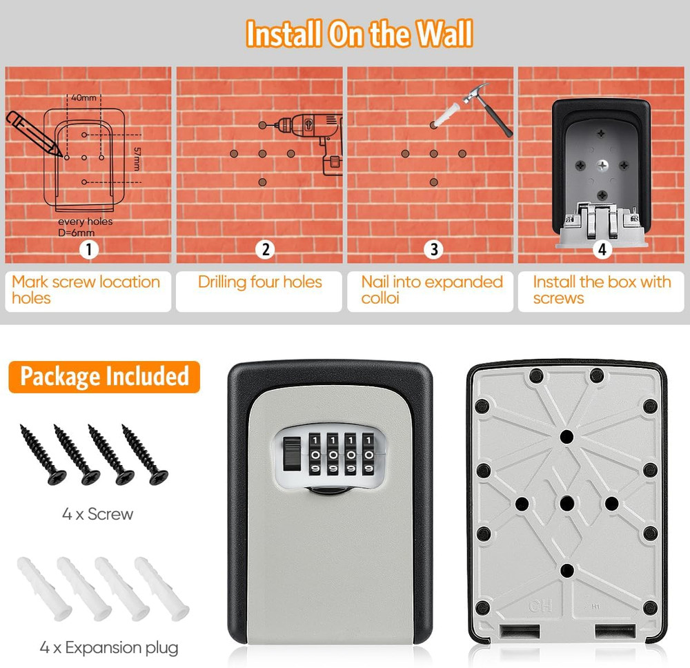 Key Lock Box Wall Mounted, 4 Digit Combination Lockbox for Outside, Ho