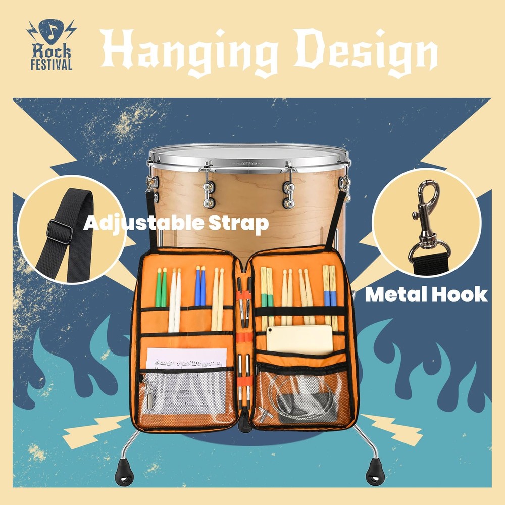 Drum Stick Bag with Hanging Hooks, Drum Mallet Storage with Adjustable Should...