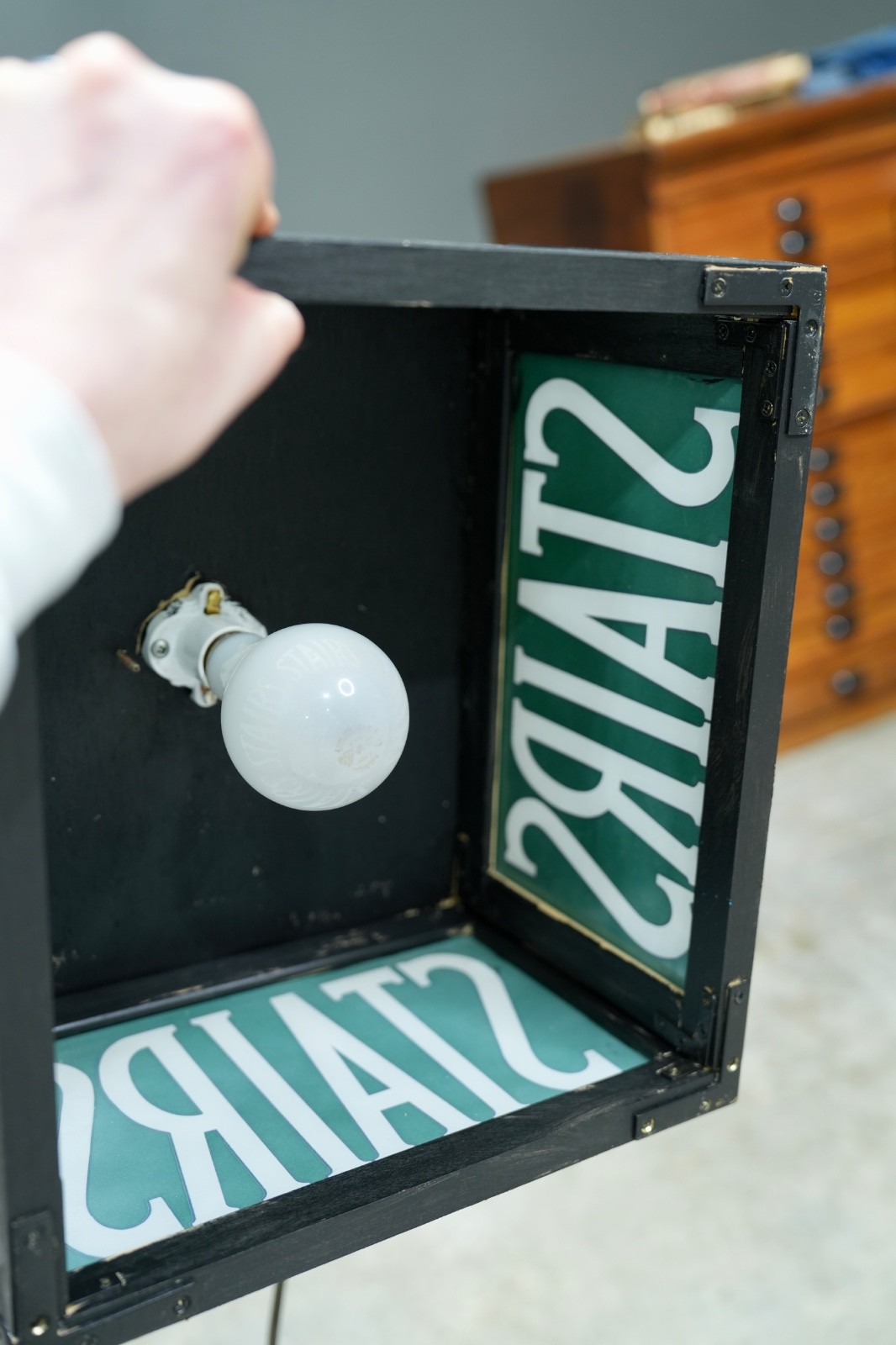 Vintage Stairs Lighted Sign Reverse Painted Glass Green Exit Light Stairway